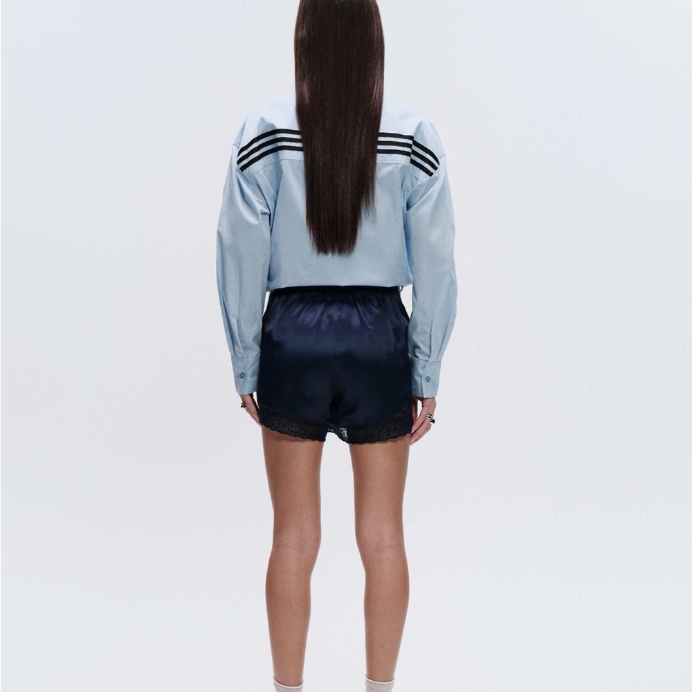 adidas Originals x ASOS regular fit lace hem shorts in navy satin - Picture 3 of 5